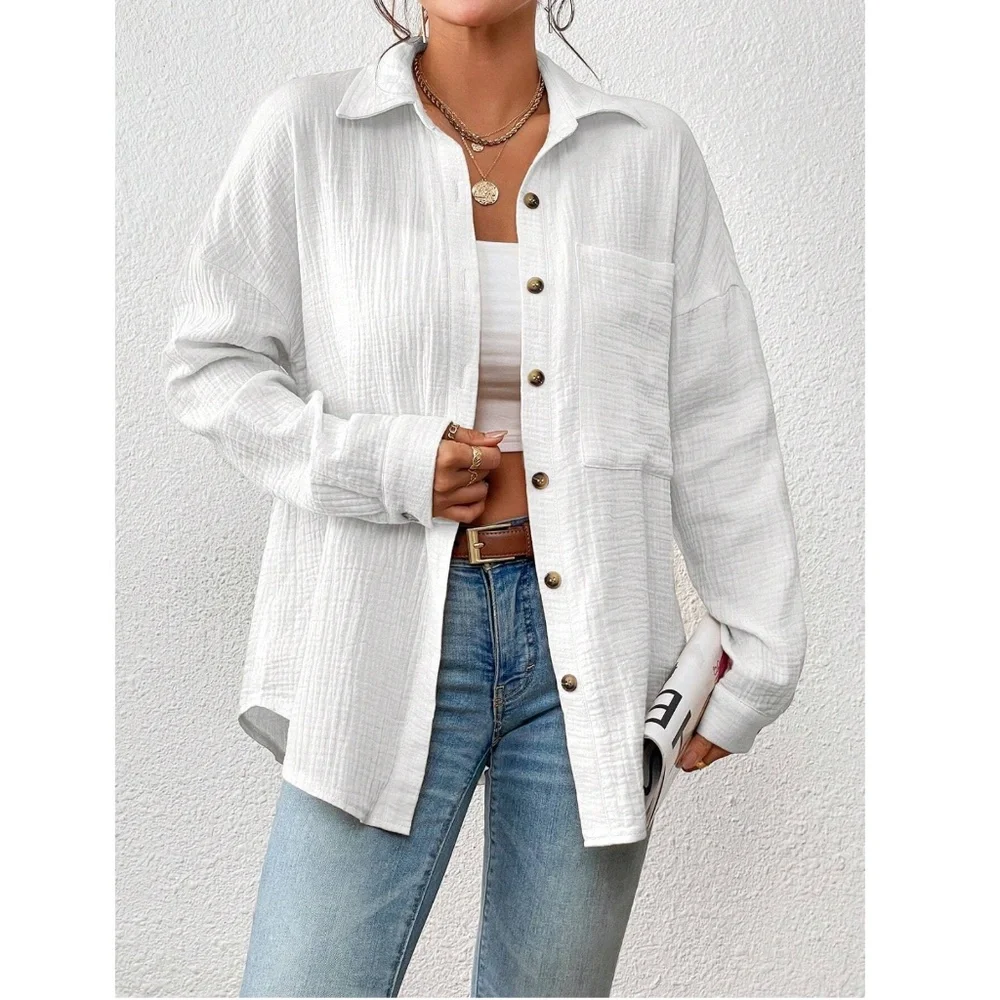 Cotton White Casual Shirt  Button Down Up Long Sleeve - Picture 5 of 16